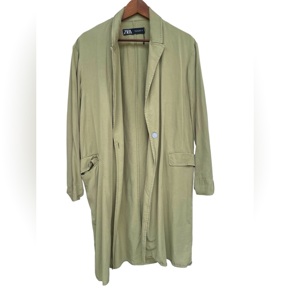 Zara Olive Green Lightweight Duster Trench Coat Utility Jacket Size Medium